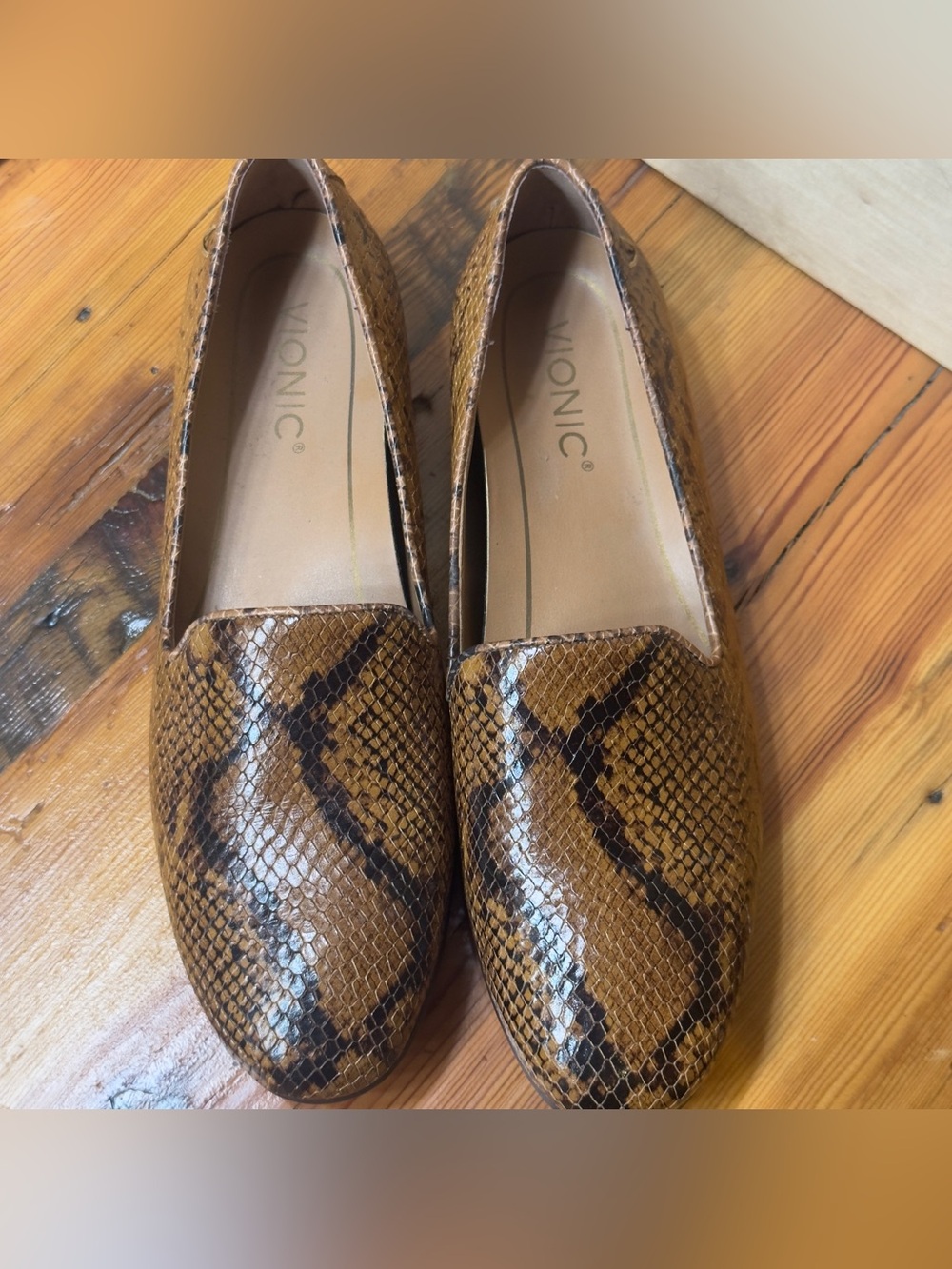Vionic Tan Brown Snake-Print Slip-On Loafers